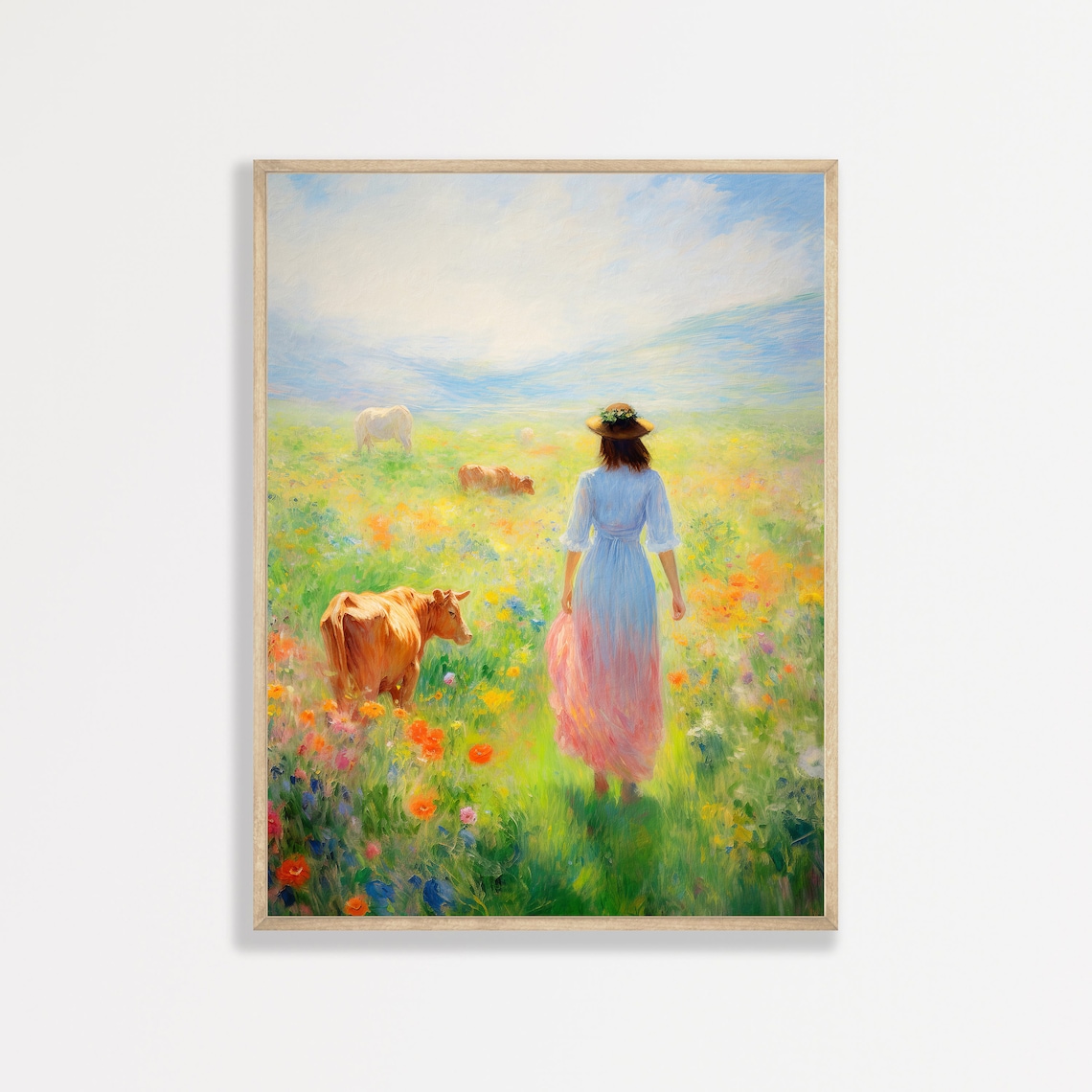 Country Girl with Cattle in Wildflower Meadow Pastel Painting Print