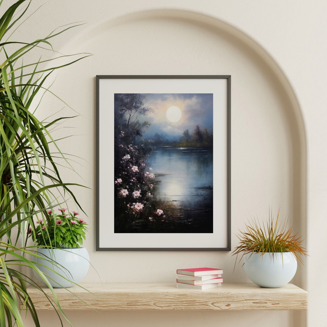 Moon And Flowers Painting Vintage Moody Landscape Wall Art Dark Academia Decor P 986 - Image 2