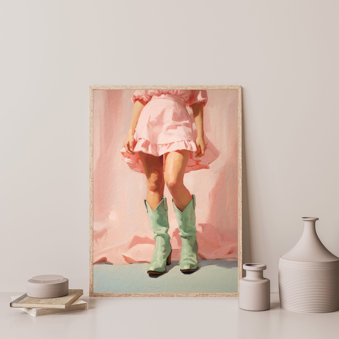 Cowgirl Boots Retro Western Art Print, Sage Green - Image 3