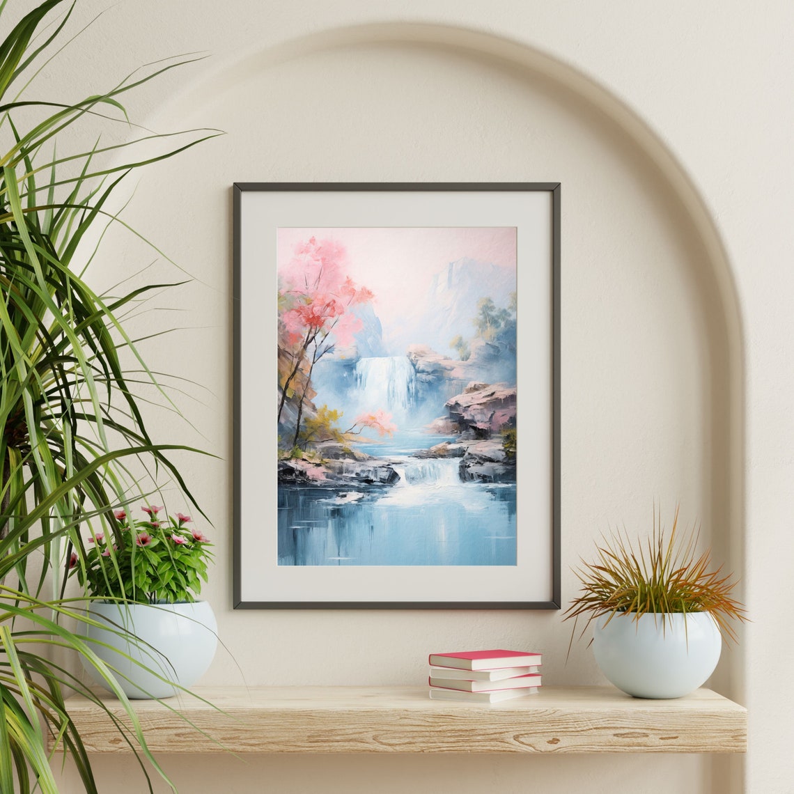 Pastel Waterfall Painting Minimal Retro Nature Wall Art Soft Aesthetic Wall Print Modern Vintage Artwork P 563 - Image 2