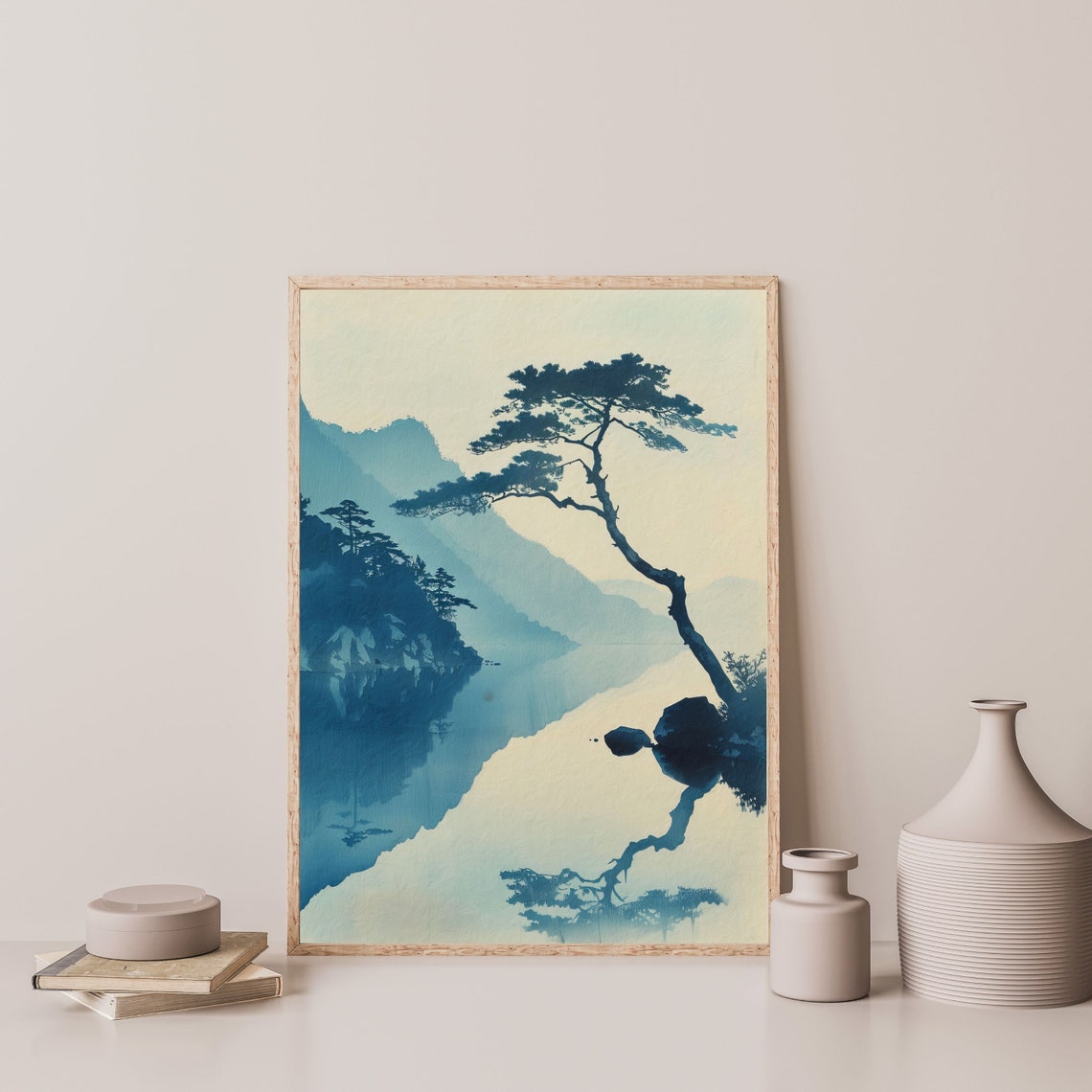 Blue Pine Tree Misty Mountains Japanese Woodblock Style Travel Poster - Image 3