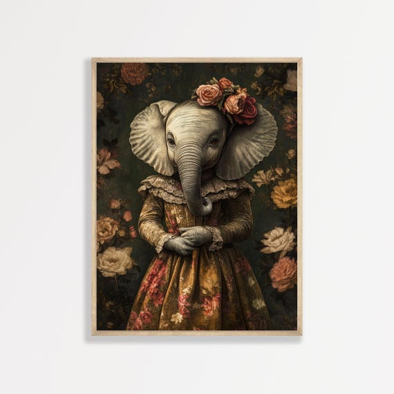 Victorian Elephant Painting Moody Maximalist Eclectic Wall Art Vintage Apartment Home Decor Antique Artwork 1040