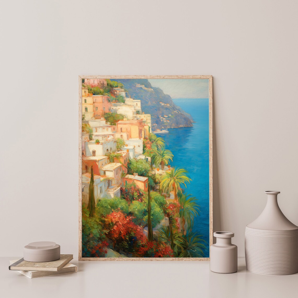Amalfi Coast Pastel Hillside Village Blue Sea Italy Travel Poster - Image 3