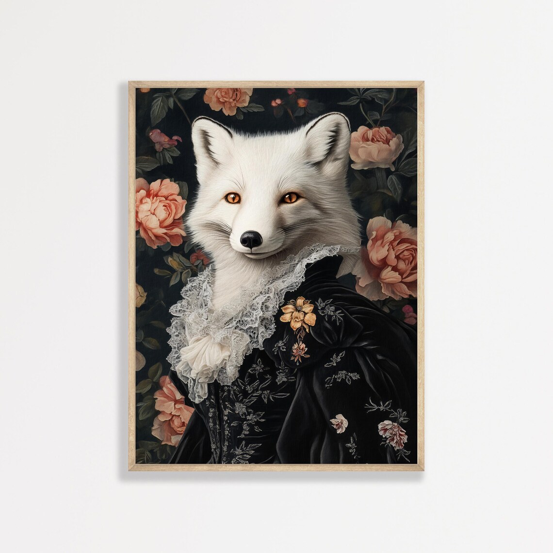 White Arctic Fox Victorian Black Dress Lace Collar Floral Art Poster