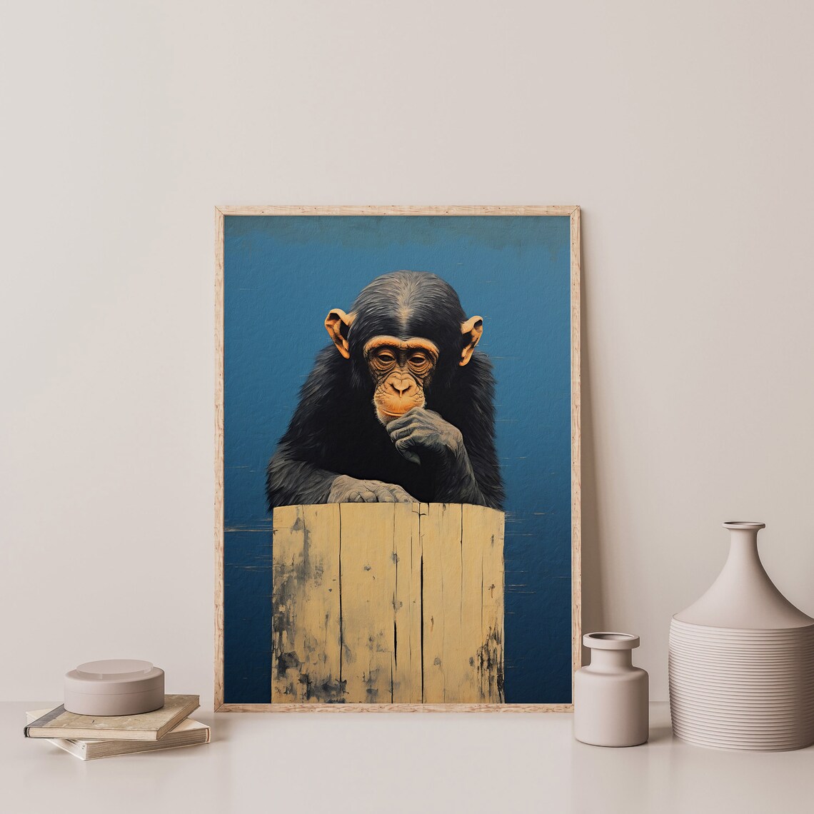 Chimpanzee Portrait Deep Blue Thinking Monkey Moody Animal Wall Art Print - Image 3
