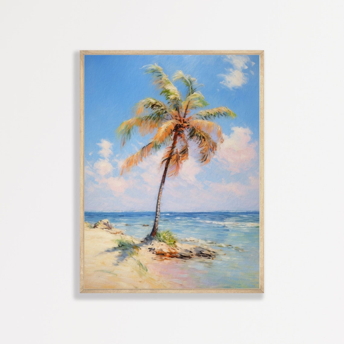 Lone Palm Tree Sunny Beach Turquoise Sea Vintage Coastal Poster