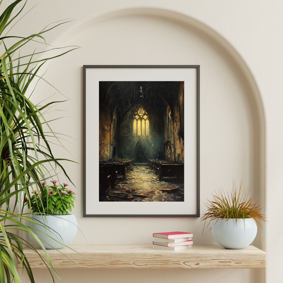 Dark Abandoned Church Interior Gothic Moody Chapel Night Lights Wall Art Print - Image 2