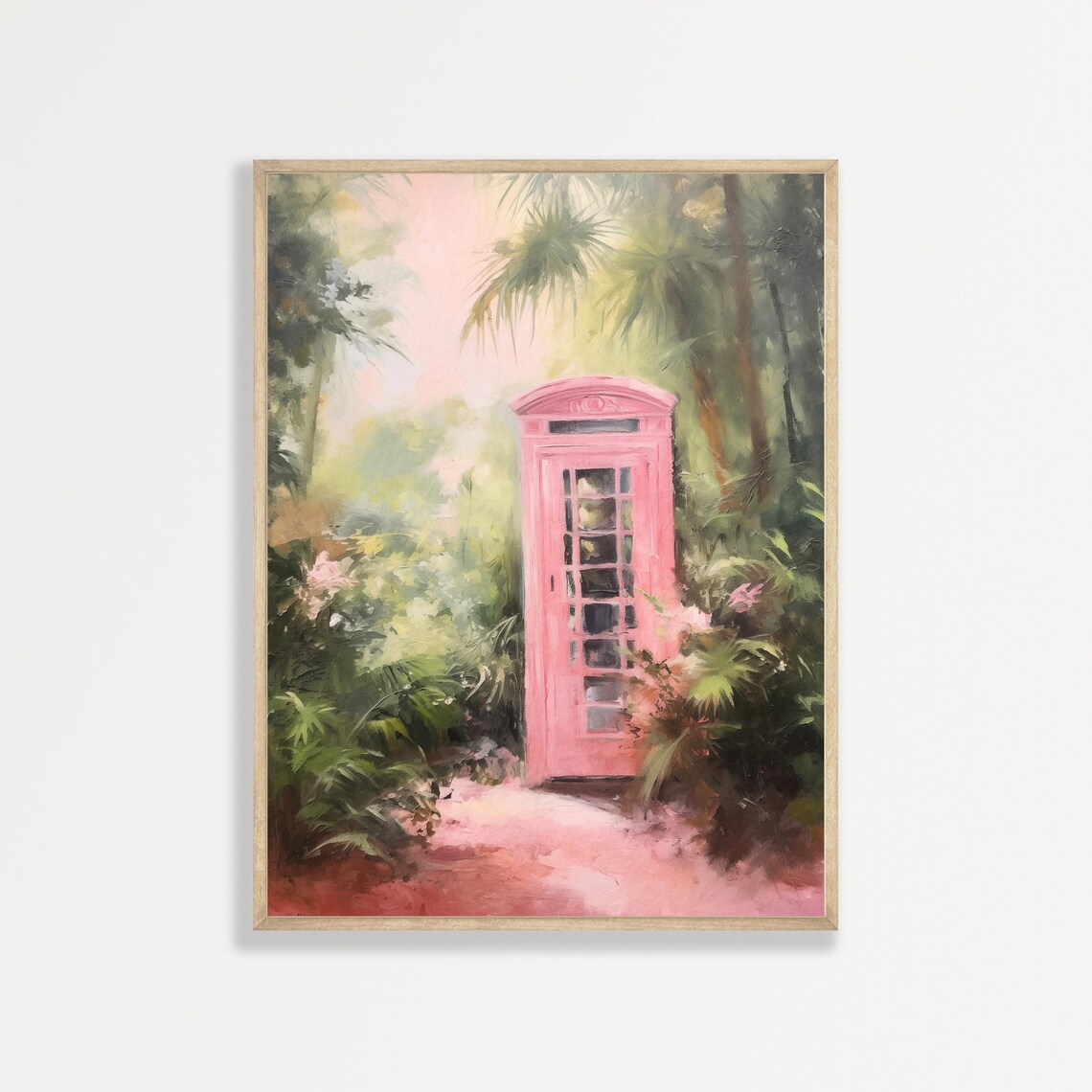 Pink Vintage Telephone Booth in Tropical Garden Painting Wall Art