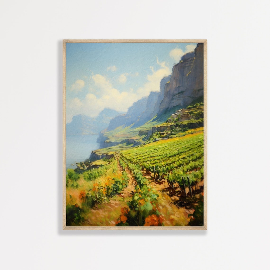 Coastal Vineyard Terraces Cliffs Above Sparkling Sea Travel Poster
