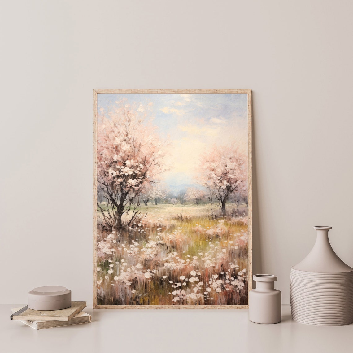 Blossoming Spring Orchard Pink Cherry Blossom Meadow Scenic Wall Art - Image 3