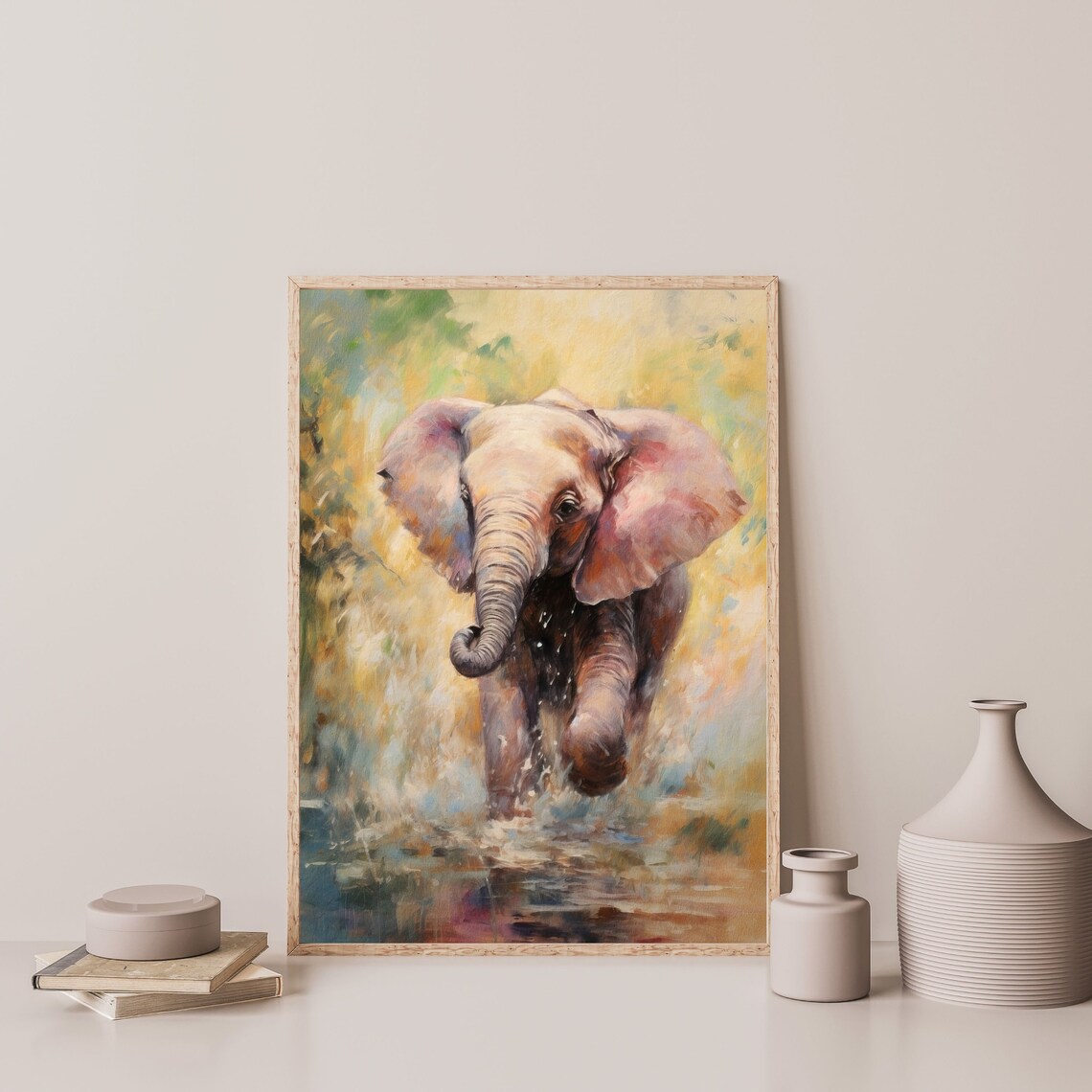 Baby Elephant Playing In Water Colorful Wildlife Nursery Art Print - Image 3