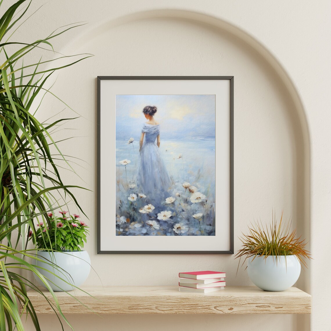 Flower Field Portrait, Retro Pastel Blue Art Print - Image 2
