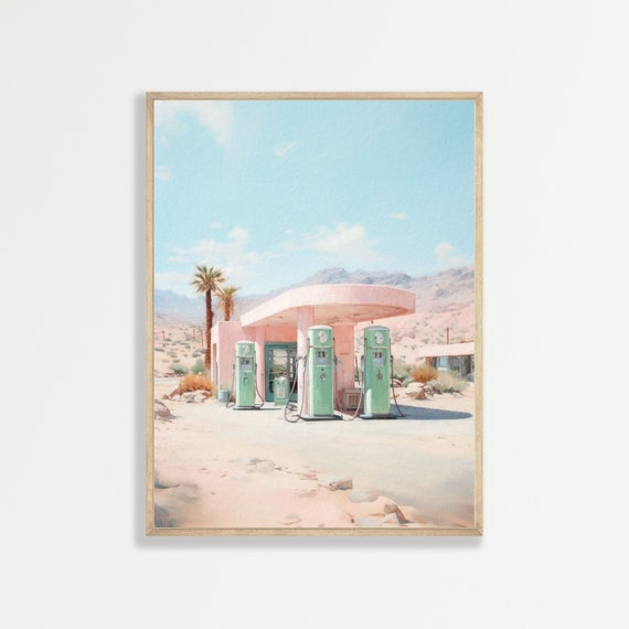 Retro Gas Station Wall Art Print, Muted Pastel