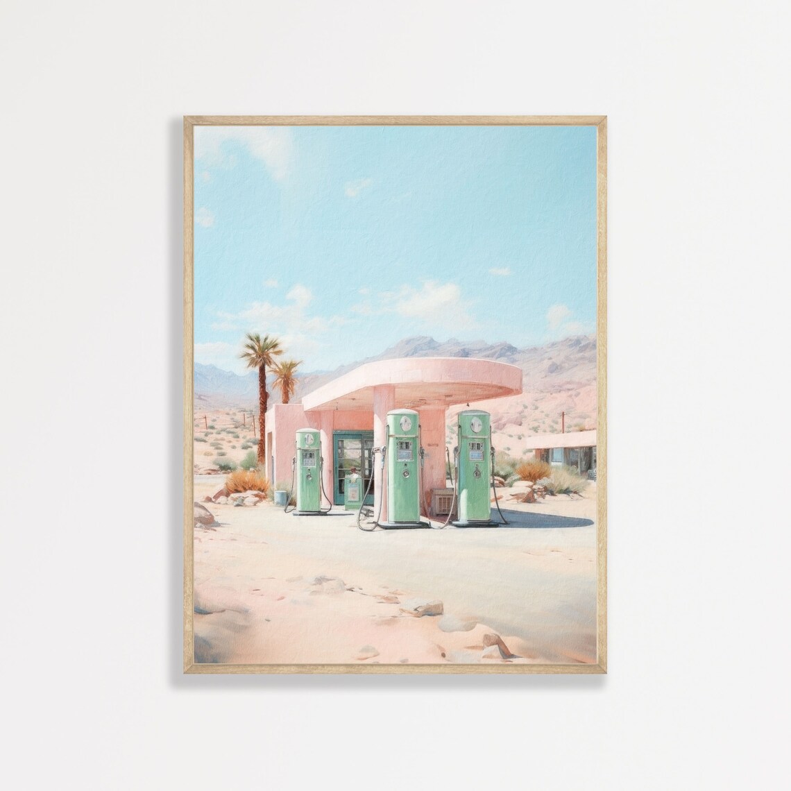 Retro Gas Station Wall Art Print, Muted Pastel
