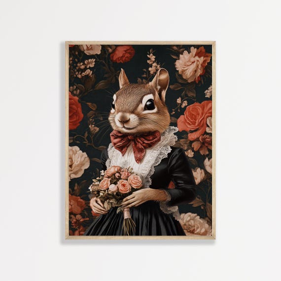 Vintage Squirrel Print Maximalist Moody Antique Wall Art Dark Academia Victorian Decor Funny Rustic Painting 1094