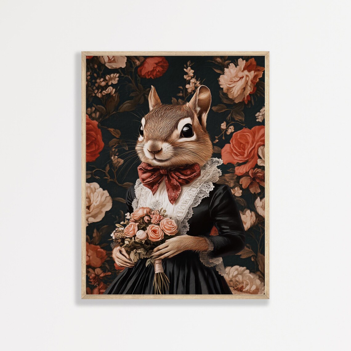 Victorian Chipmunk Portrait Holding Rose Bouquet Moody Floral Poster