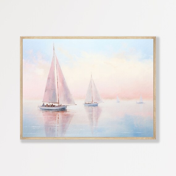 Sailboat Wall Art Minimal Vintage Nautical Painting Retro Ocean Seascape Decor Large Coastal Artwork P 564