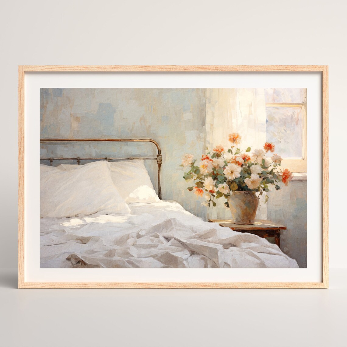 Sunlit Vintage Bedroom with White Linens and Fresh Flowers Wall Art - Image 2