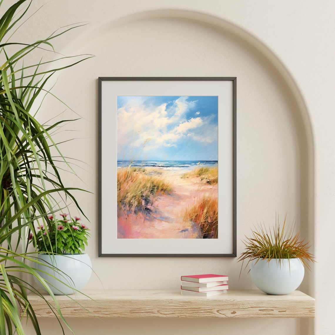 Pink Sand Dune Beach Path Golden Grass Pastel Seascape Painting Poster - Image 2