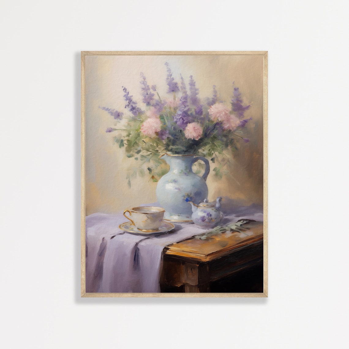 Purple Lilac and Pink Flower Still Life in Blue Vase Vintage Wall Art