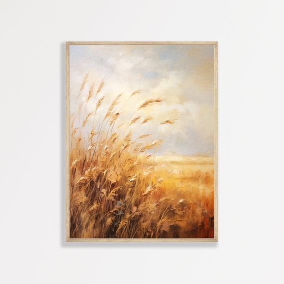 Wheat Field Print Vintage Landscape Painting Minimal Farmhouse Wall Decor Neutral Wall Art P 734