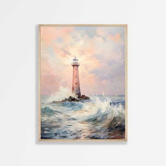 Lighthouse Painting Retro Coastal Wall Art Vintage Seaside Wall Decor Antique Seascape Artwork P 542
