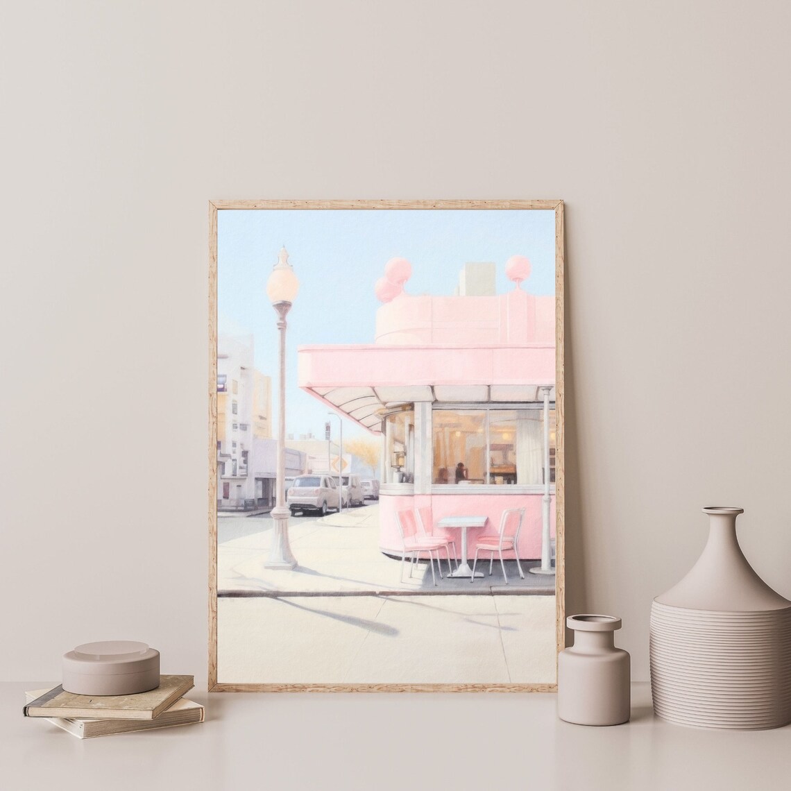 Retro Pink Diner Art Print, Pastel Bedroom Decor - Image 3