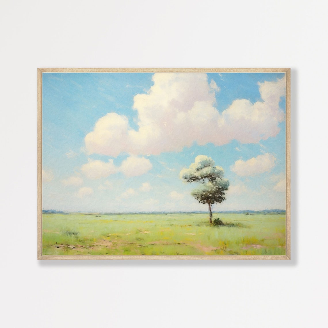 Lone Tree Green Spring Field Fluffy Clouds Vintage Landscape Poster