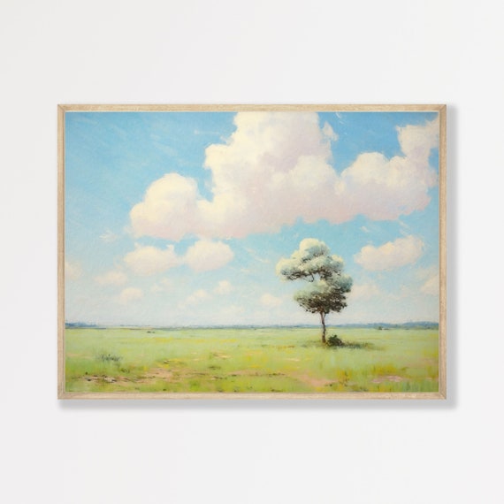 Spring Field Painting Muted Soft Green Wall Art Decor Vintage Countryside Print Minimalist Farmhouse Decor P 318