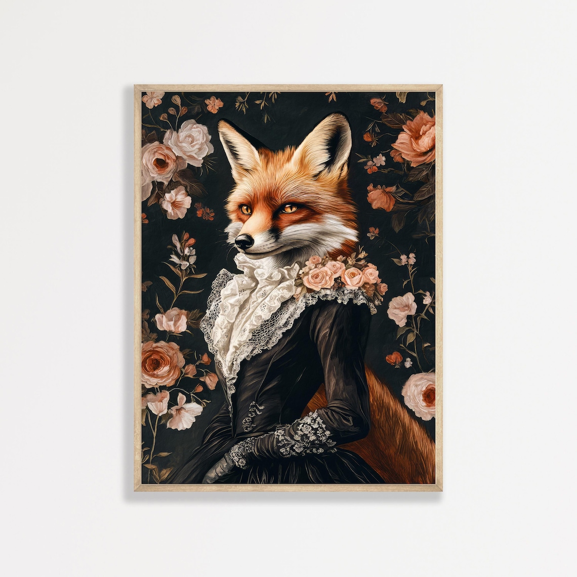 Victorian Fox In Black Dress Floral Vintage Animal Portrait Poster