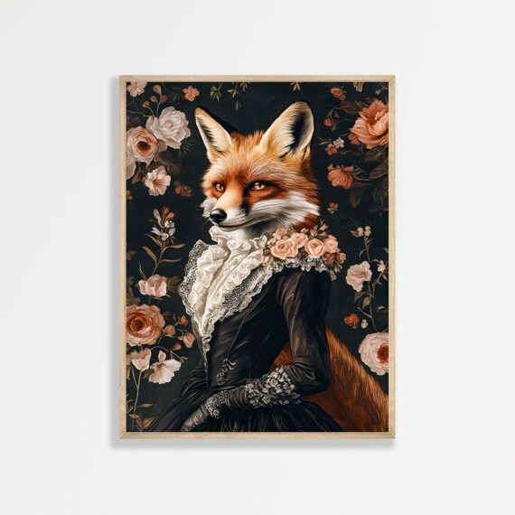 Victorian Fox In Black Dress Floral Vintage Animal Portrait Poster