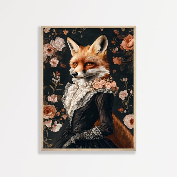 Victorian Fox Painting Vintage Cute Funny Animal Wall Art Antique Dark Moody Home Apartment Decor 1001
