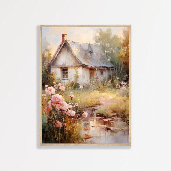 French Countryside Cottage, Vintage Farmhouse Art Print