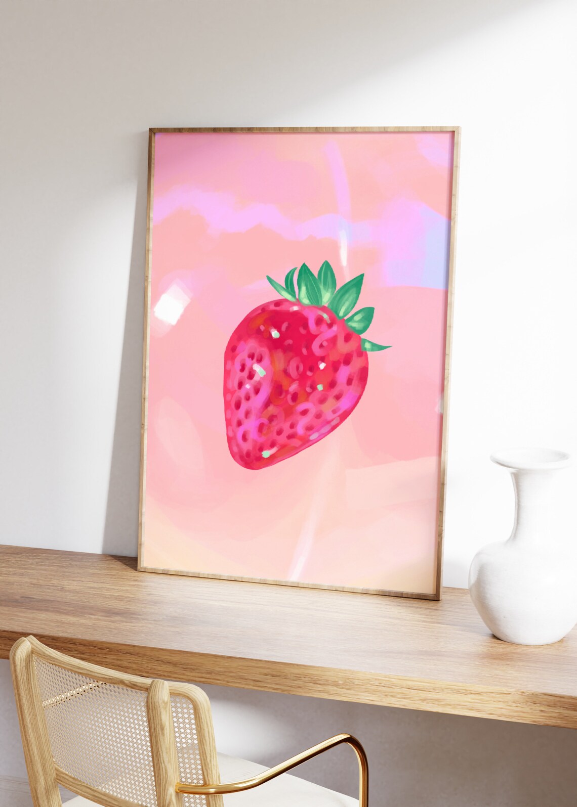 Strawberry Watercolor Poster Pink Retro Fruit Painting Kitchen Decor - Image 2