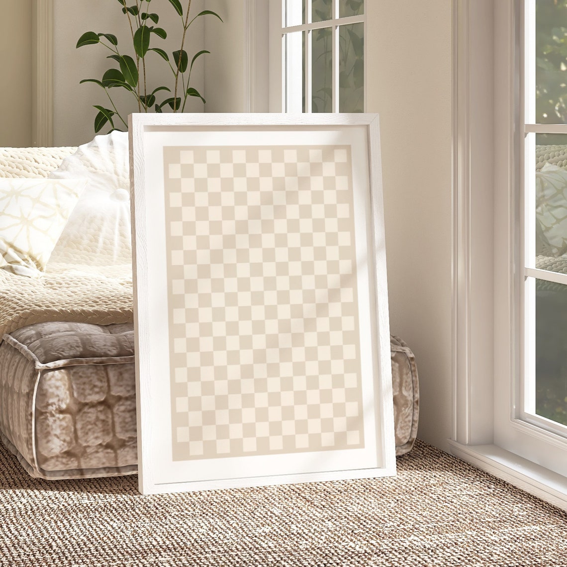 Beige Checkerboard Neutral Pattern Minimalist Wall Art Decor - Image 2