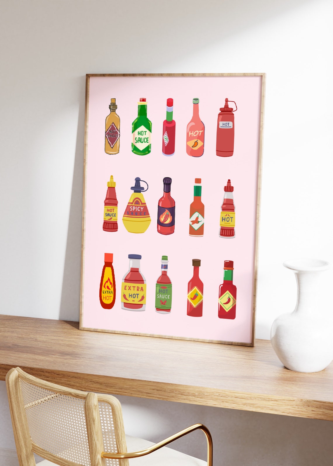 Hot Sauce Bottle Collection Poster Retro Kitchen Pink Spicy Food Art - Image 2
