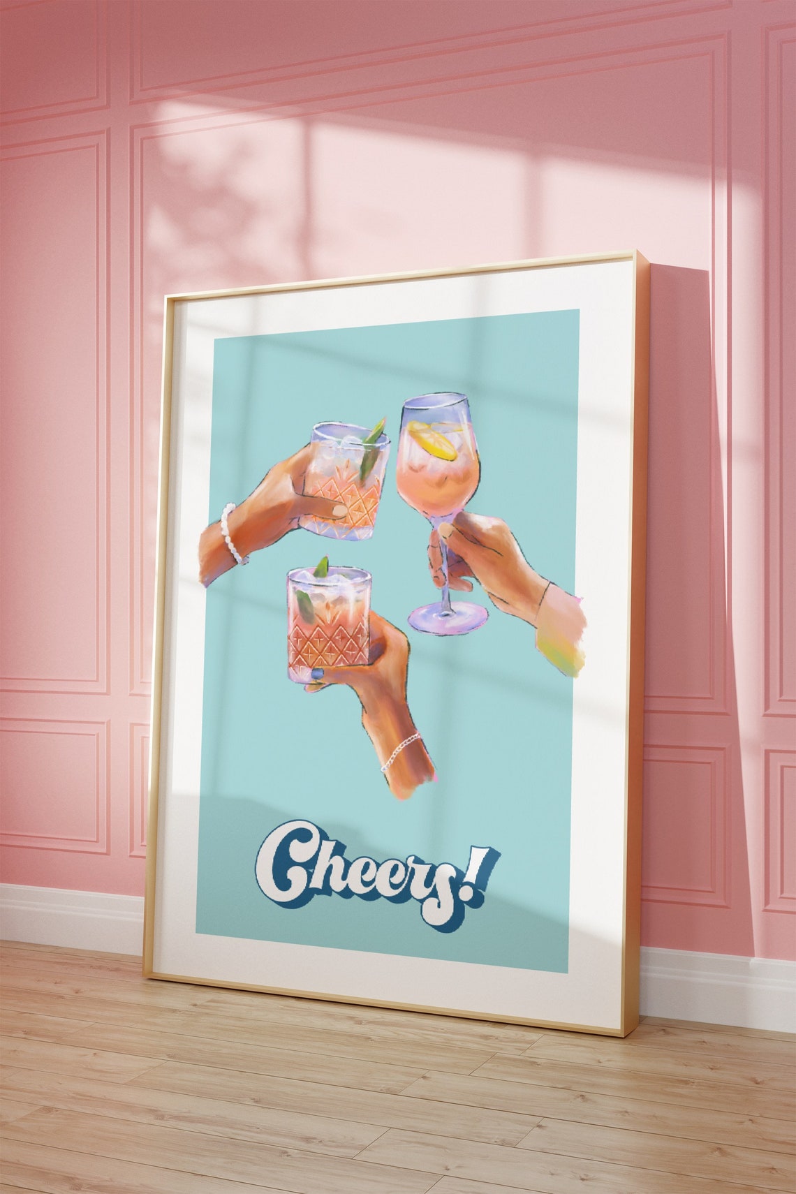 Cheers Cocktail Toast Hands Retro Script Aqua Kitchen Bar Poster - Image 2