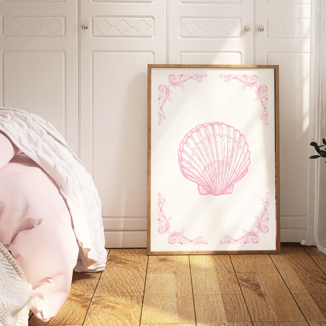 Pink Seashell Line Art Coastal Chinoiserie Beach House Room Poster - Image 2