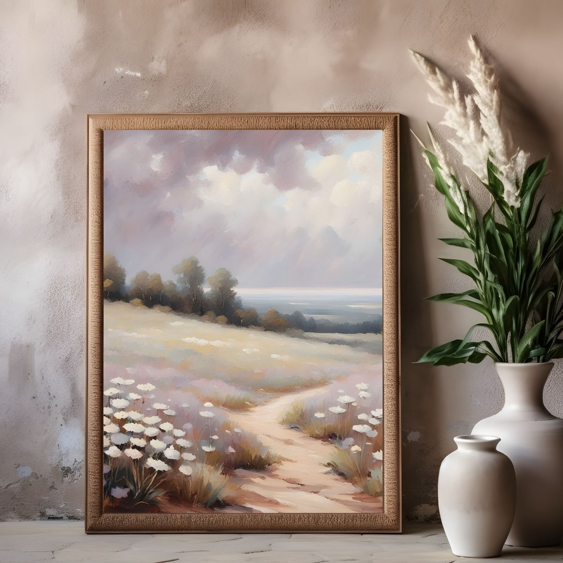 Country Oil Painting Vintage Stream Landscape Print Rustic Farmhouse Nursery Wall Art Balcony Art Print Cloud Oil Painting Sky Print - Image 3