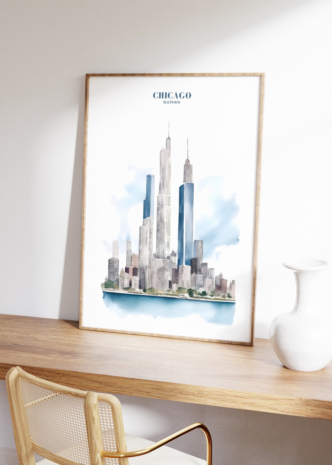 Chicago Illinois Watercolor Skyline Pink Blue Travel Poster Art - Image 2