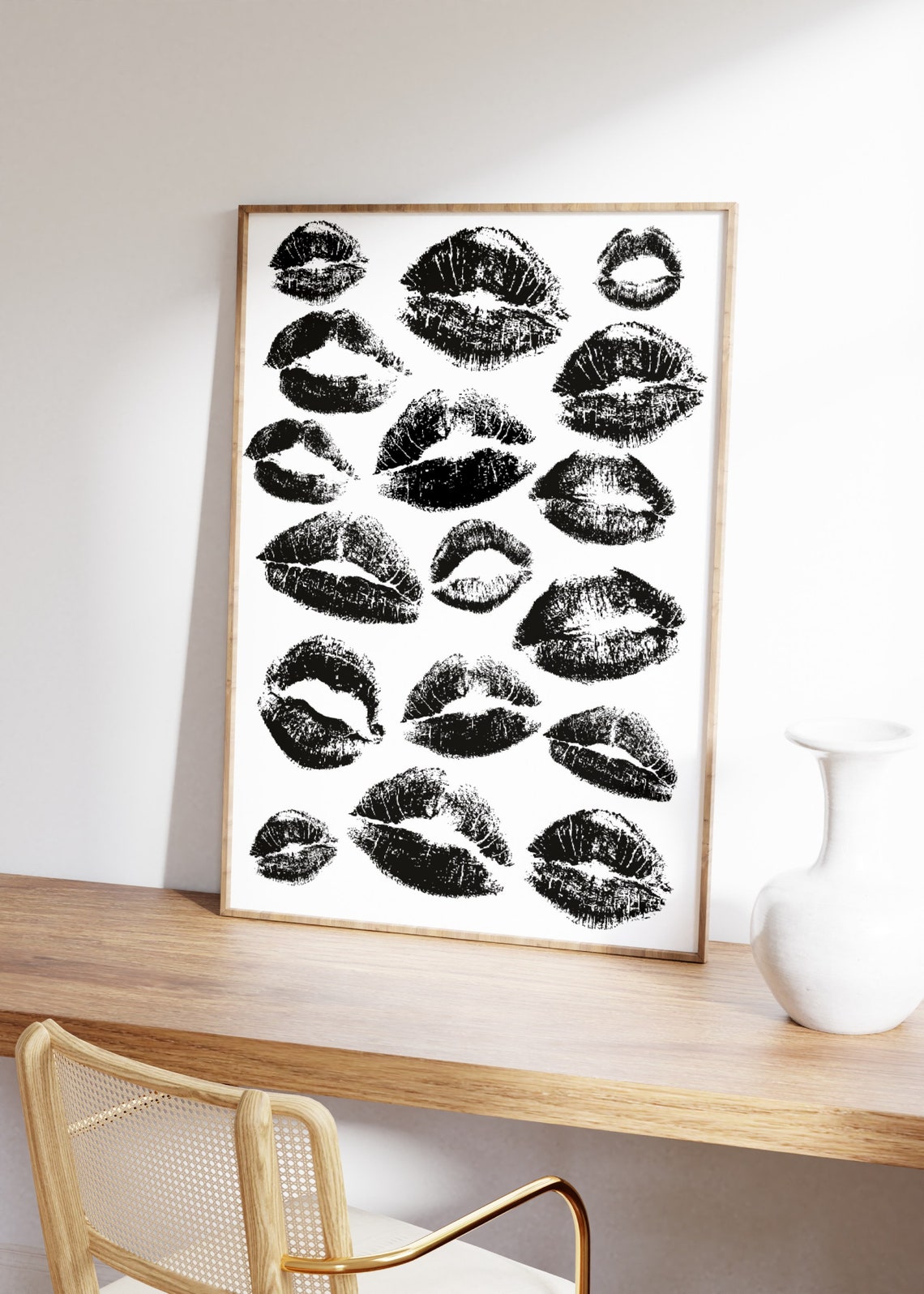 Black Lipstick Kiss Marks Retro Lips Collage Cream Trendy Dorm Poster - Image 3