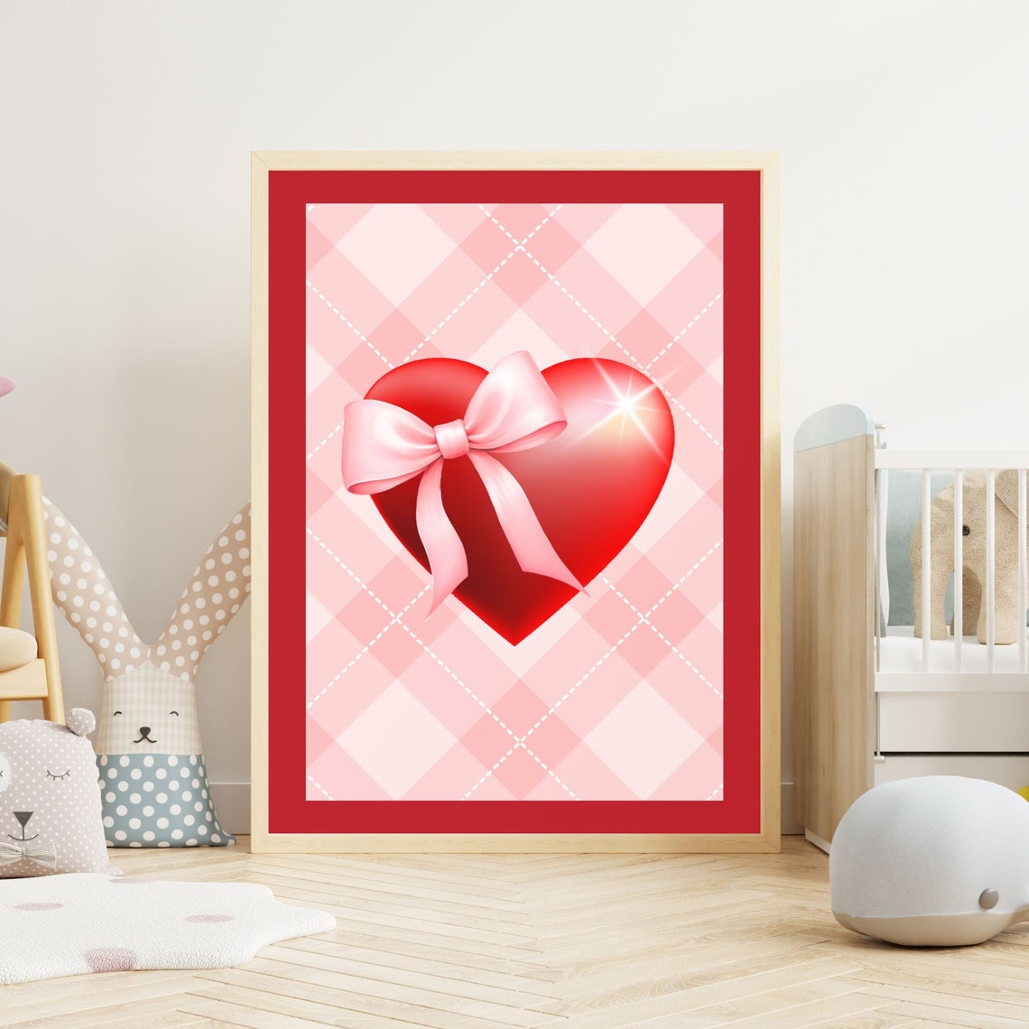 Glossy Red Heart Pink Bow Gingham Retro Coquette Love Poster