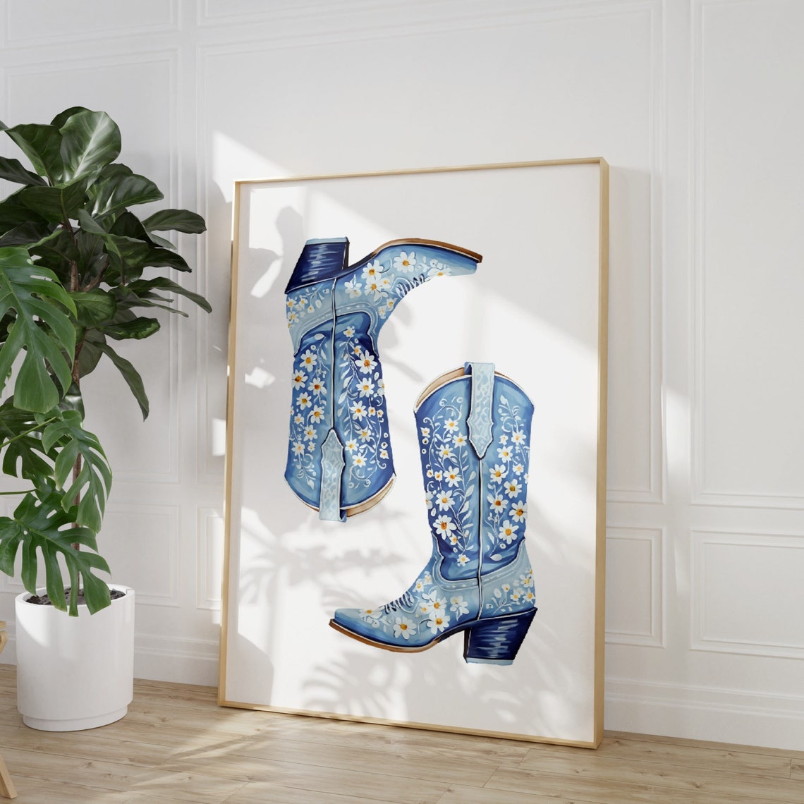 Blue Cowgirl Boots with White Daisy Floral Western Decor Wall Art - Image 3