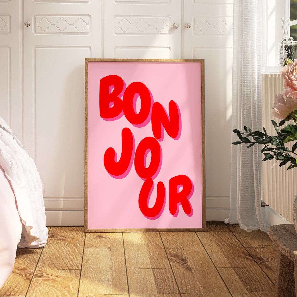 Bonjour Red Bubble Letter French Phrase Pink Retro Trendy Poster - Image 5