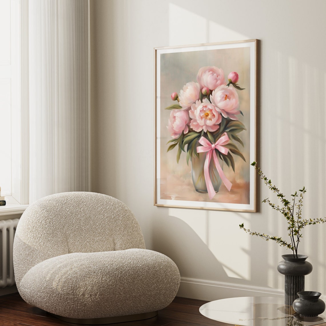 Blush Pink Peonies Bouquet Watercolor Vase With Ribbon Bow Poster - Image 2