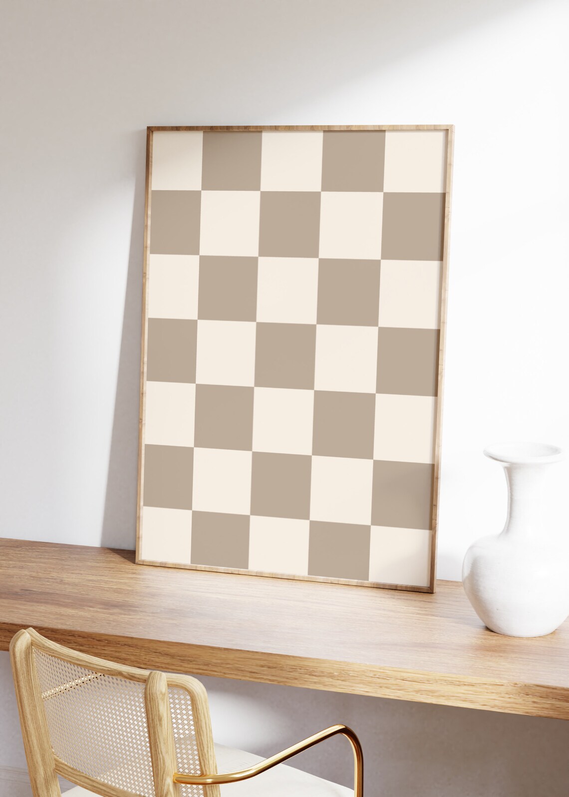 Checkered Wall Art, Retro Beige Checkerboard Poster - Image 2
