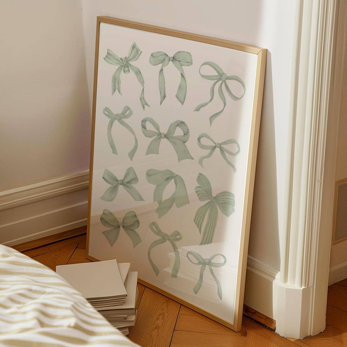 Sage Green Ribbon Bows Pattern Coquette Aesthetic Art Poster - Image 3