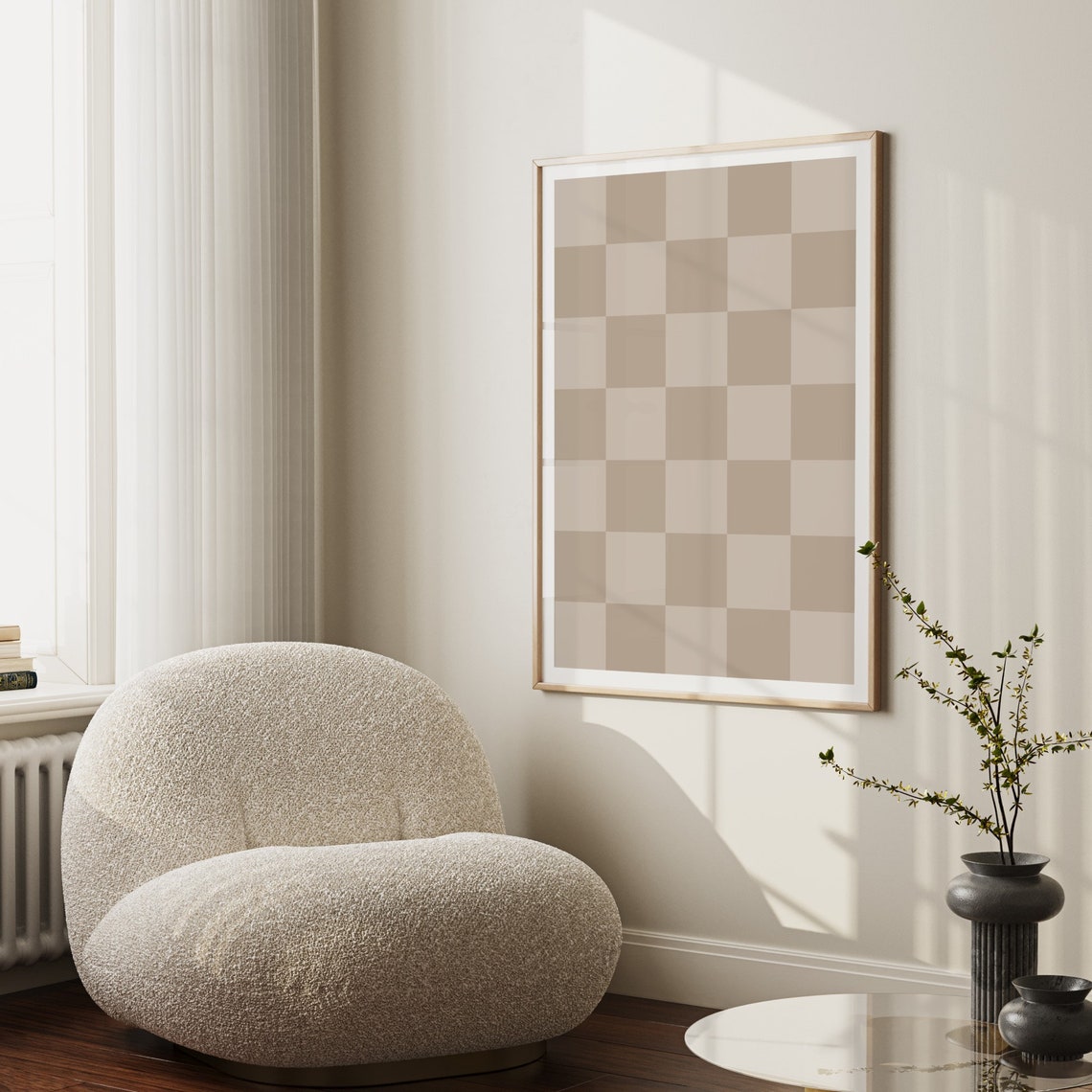 Beige Checkerboard Retro Pattern Poster Neutral Minimalist Dorm Decor - Image 2