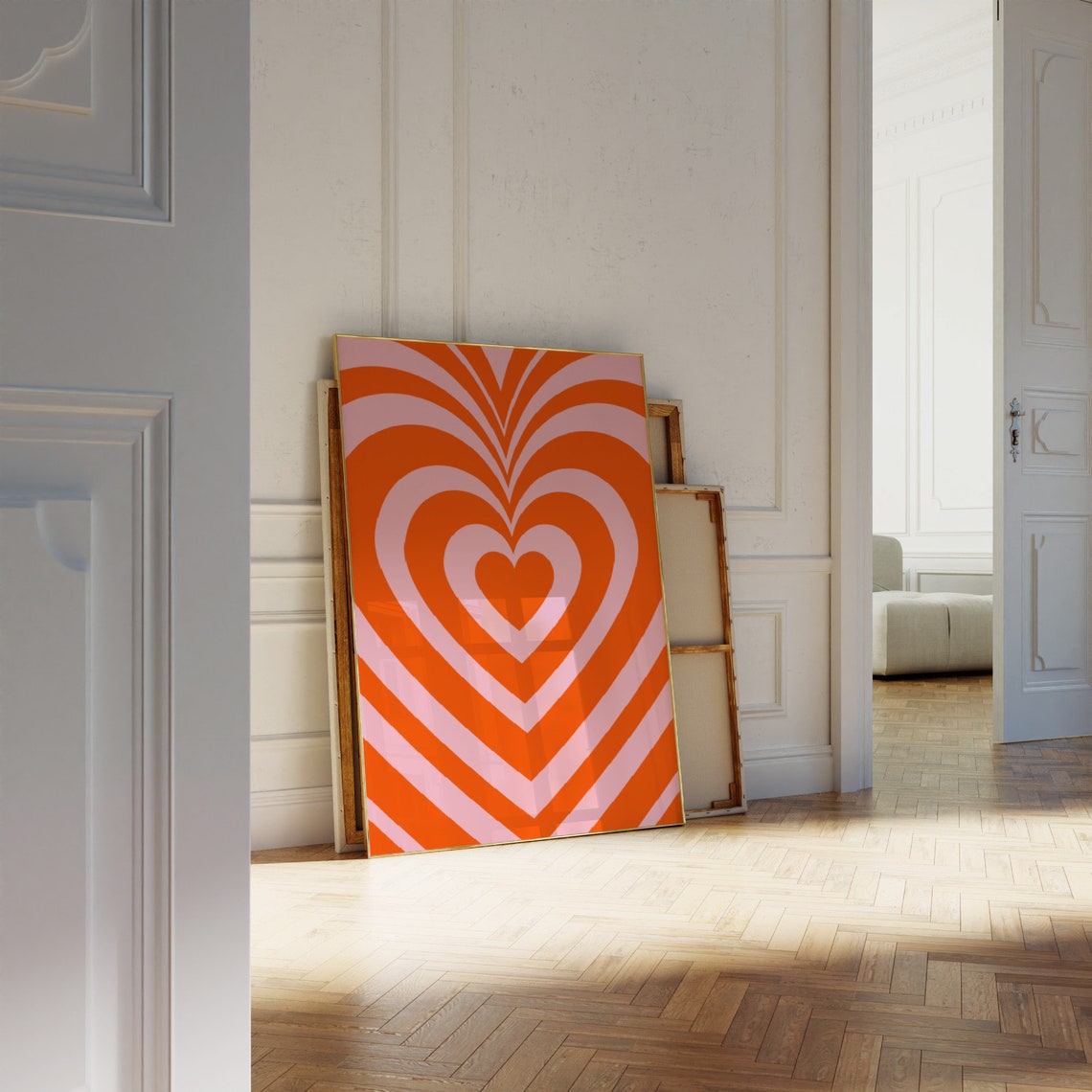 Orange Pink Concentric Hearts Retro Groovy Striped Love Poster - Image 2