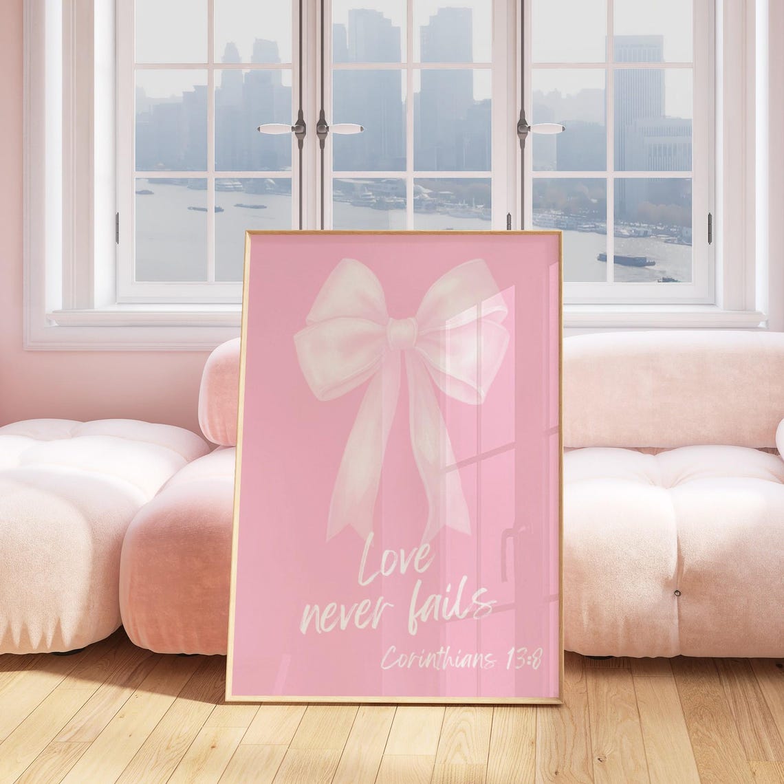 Love Never Fails White Bow Corinthians Scripture Pink Poster - Image 2
